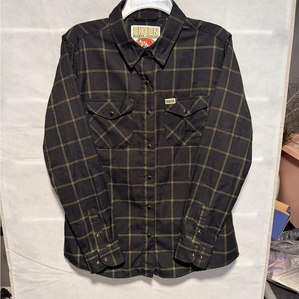 Dixxon Women’s Black and Yellow Plaid Flannel Shirt Large